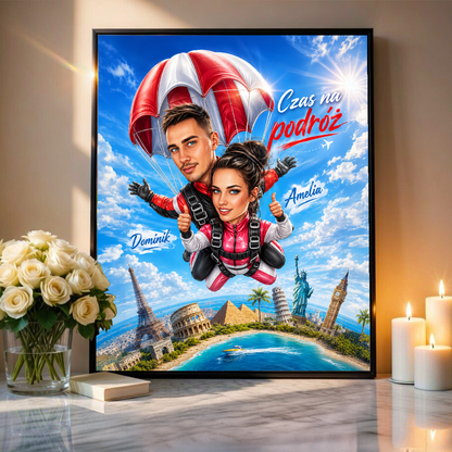 Karykatura podróżnika - plakat, spersonalizowany prezent dla podróżnika - idamell.com