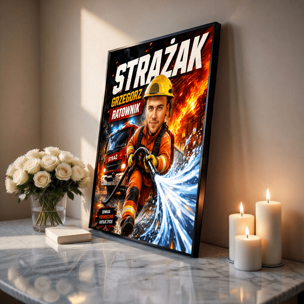 Karykatura strażaka - plakat, spersonalizowany prezent dla strażaka - idamell.com