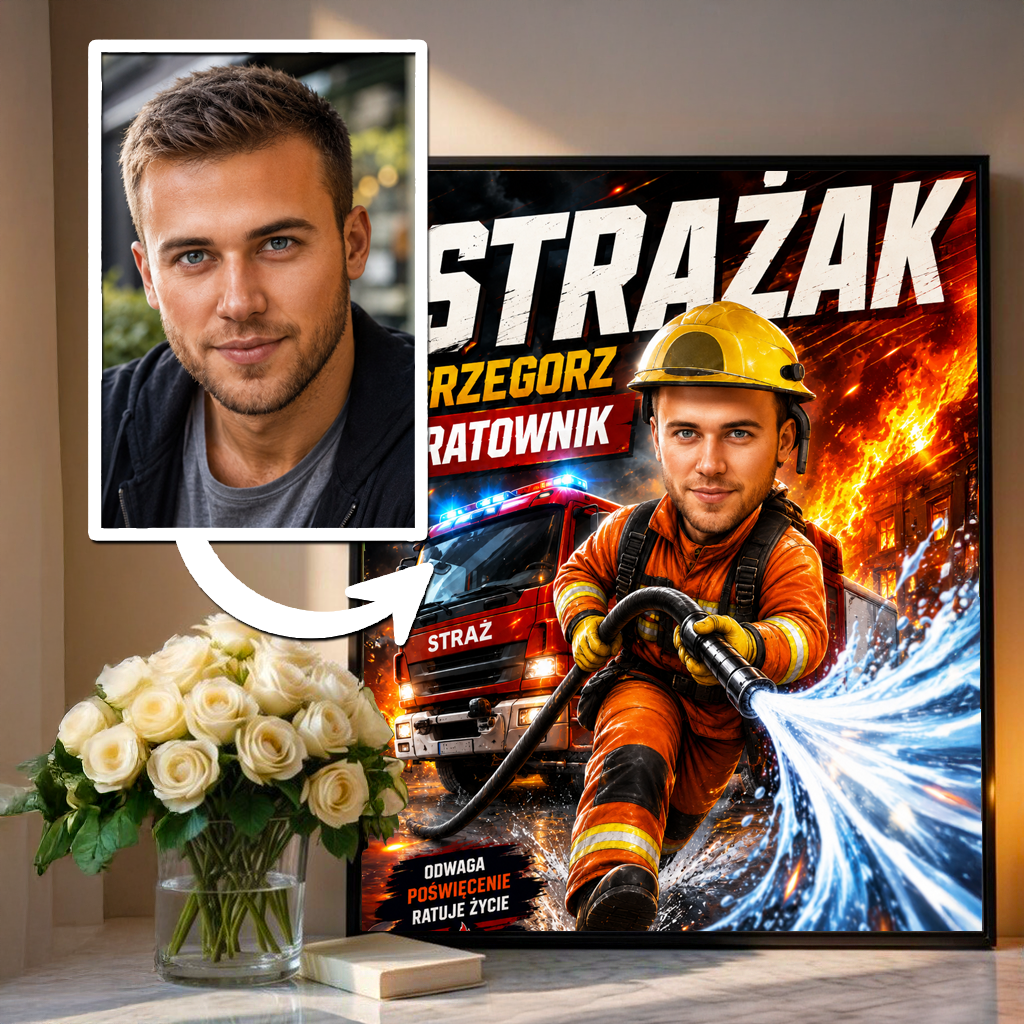 Karykatura strażaka - plakat, spersonalizowany prezent dla strażaka - idamell.com