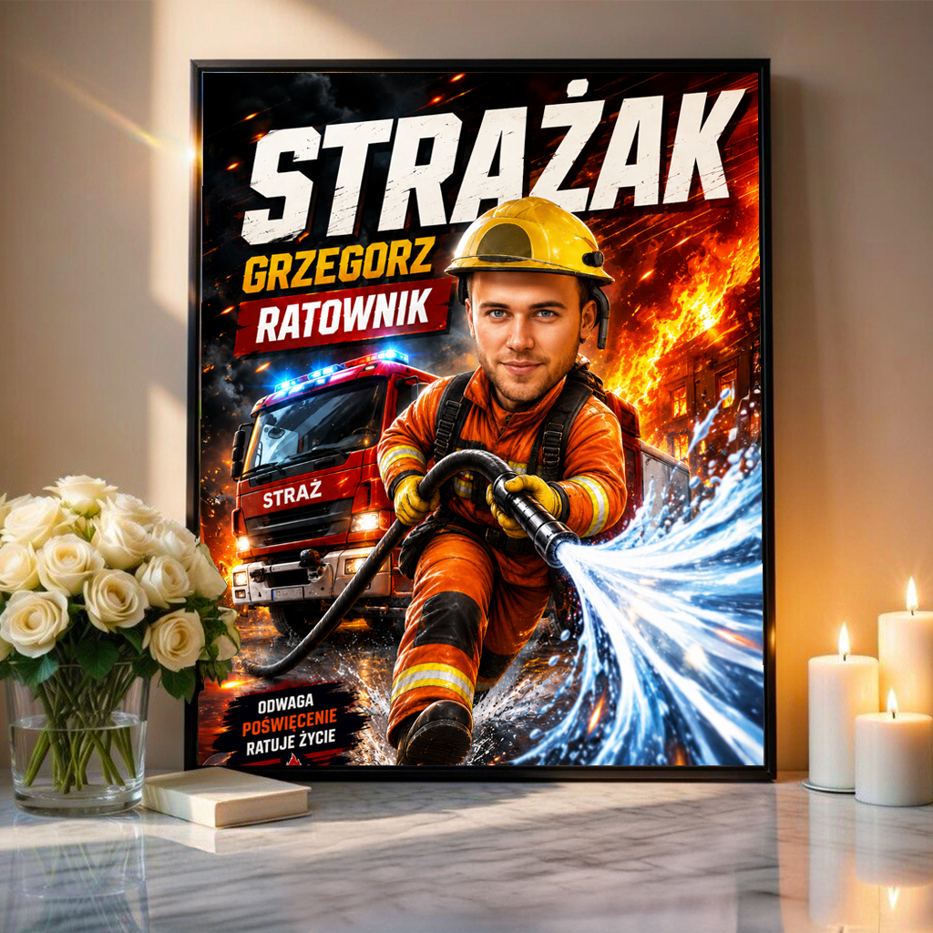 Karykatura strażaka - plakat, spersonalizowany prezent dla strażaka - idamell.com