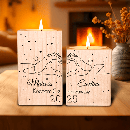 Kocham Cię na zawsze - 2 x Drewniany świecznik, spersonalizowany prezent dla niej - idamell.com