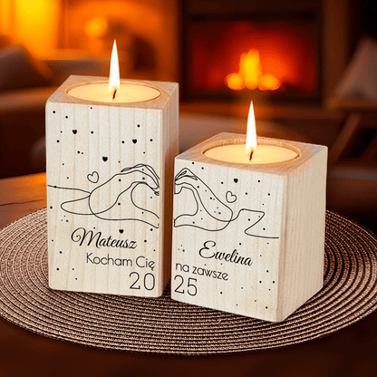 Kocham Cię na zawsze - 2 x Drewniany świecznik, spersonalizowany prezent dla niej - idamell.com