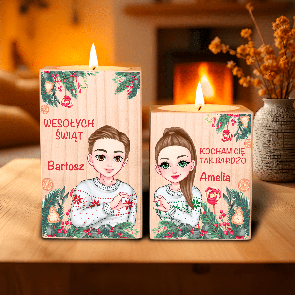 Kocham Cię tak bardzo - 2 x Drewniany świecznik, spersonalizowany prezent dla pary - idamell.com
