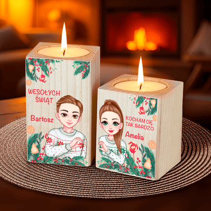 Kocham Cię tak bardzo - 2 x Drewniany świecznik, spersonalizowany prezent dla pary - idamell.com
