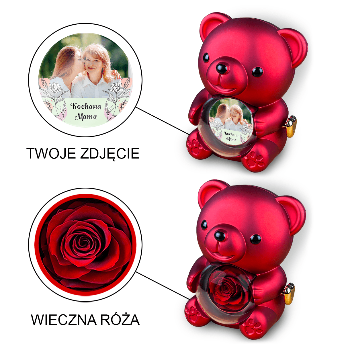 Kochana mama - Miś z różą wieczną i wydrukiem, spersonalizowany prezent dla mamy - idamell.com