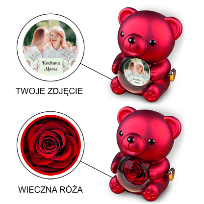Kochana mama - Miś z różą wieczną i wydrukiem, spersonalizowany prezent dla mamy - idamell.com