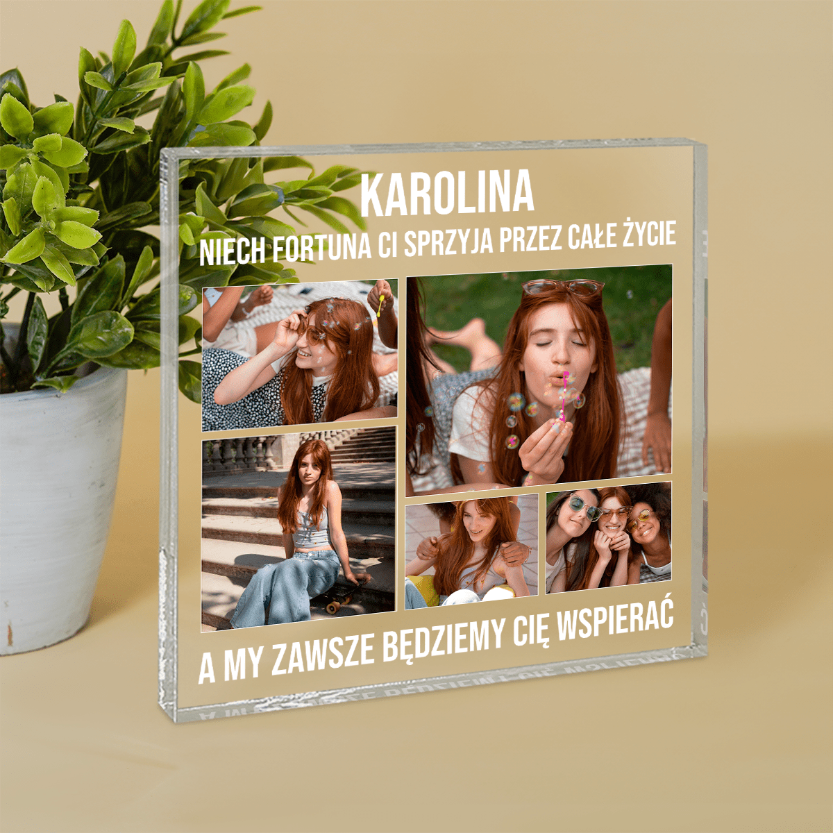 Kolaż 5 zdjęć + życzenia - Druk na kwadratowym szkle, spersonalizowany prezent dla nastolatki - idamell.com