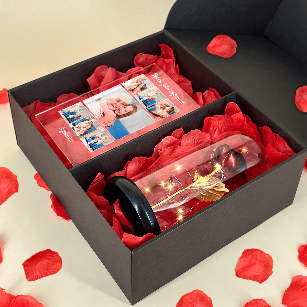 Kolaż babcia druk na szkle + czerwona wieczna róża box 2 w 1 - zestaw prezentowy box, spersonalizowany prezent dla babci - idamell.com