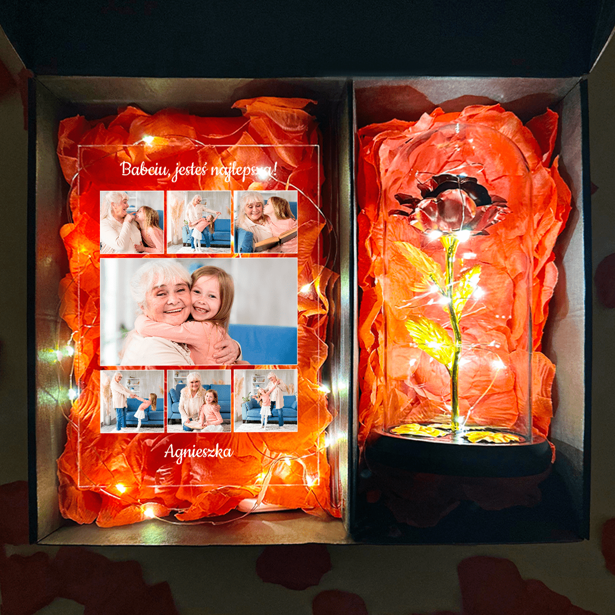 Kolaż babcia druk na szkle + czerwona wieczna róża box 2 w 1 - zestaw prezentowy box, spersonalizowany prezent dla babci - idamell.com