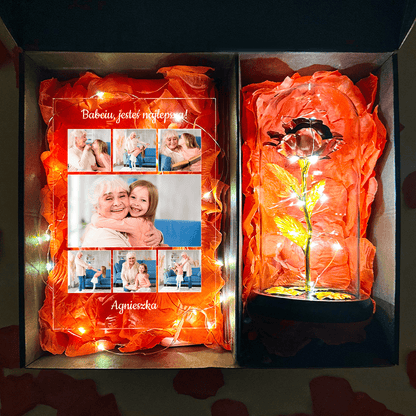 Kolaż babcia druk na szkle + czerwona wieczna róża box 2 w 1 - zestaw prezentowy box, spersonalizowany prezent dla babci - idamell.com