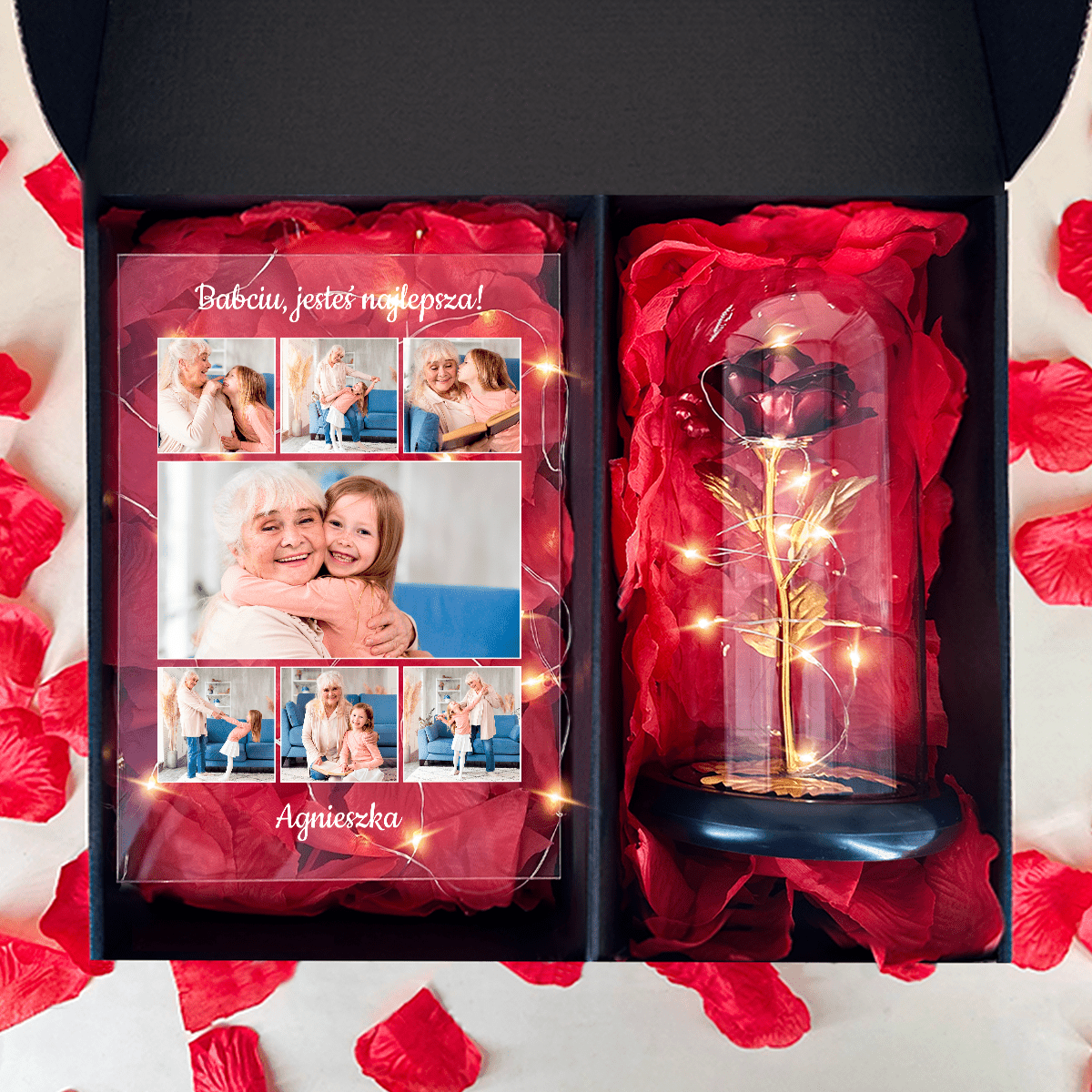 Kolaż babcia druk na szkle + czerwona wieczna róża box 2 w 1 - zestaw prezentowy box, spersonalizowany prezent dla babci - idamell.com