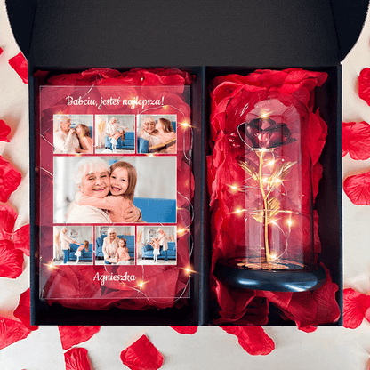 Kolaż babcia druk na szkle + czerwona wieczna róża box 2 w 1 - zestaw prezentowy box, spersonalizowany prezent dla babci - idamell.com