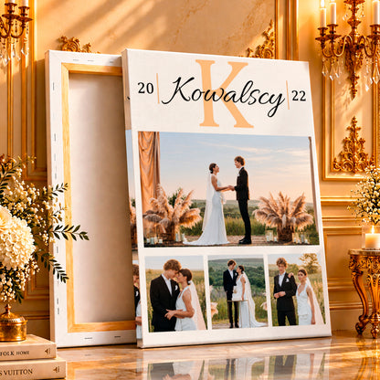 Kolaż ze zdjęć na płótnie Monogram nazwiska pary młodej — prezent na rocznicę