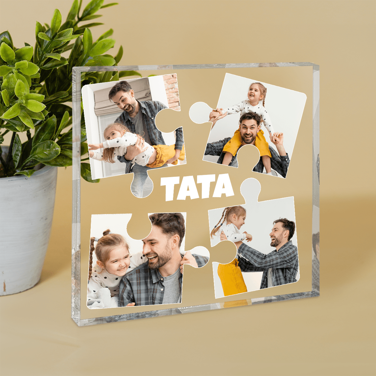 Kolaż puzzle + napis TATA - Druk na kwadratowym szkle, spersonalizowany prezent dla taty - idamell.com