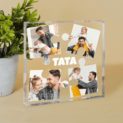 Kolaż puzzle + napis TATA - Druk na kwadratowym szkle, spersonalizowany prezent dla taty - idamell.com
