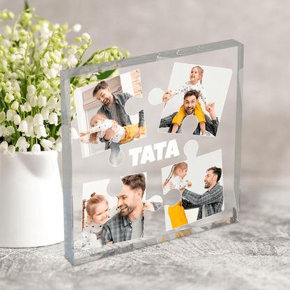 Kolaż puzzle + napis TATA - Druk na kwadratowym szkle, spersonalizowany prezent dla taty - idamell.com