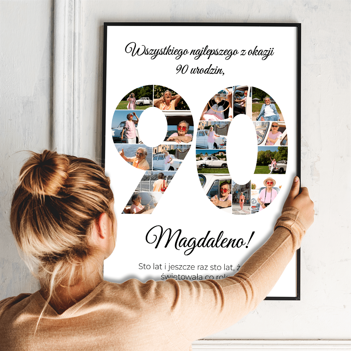 Kolaż urodzinowy na 90. - plakat, spersonalizowany prezent dla kobiety - idamell.com