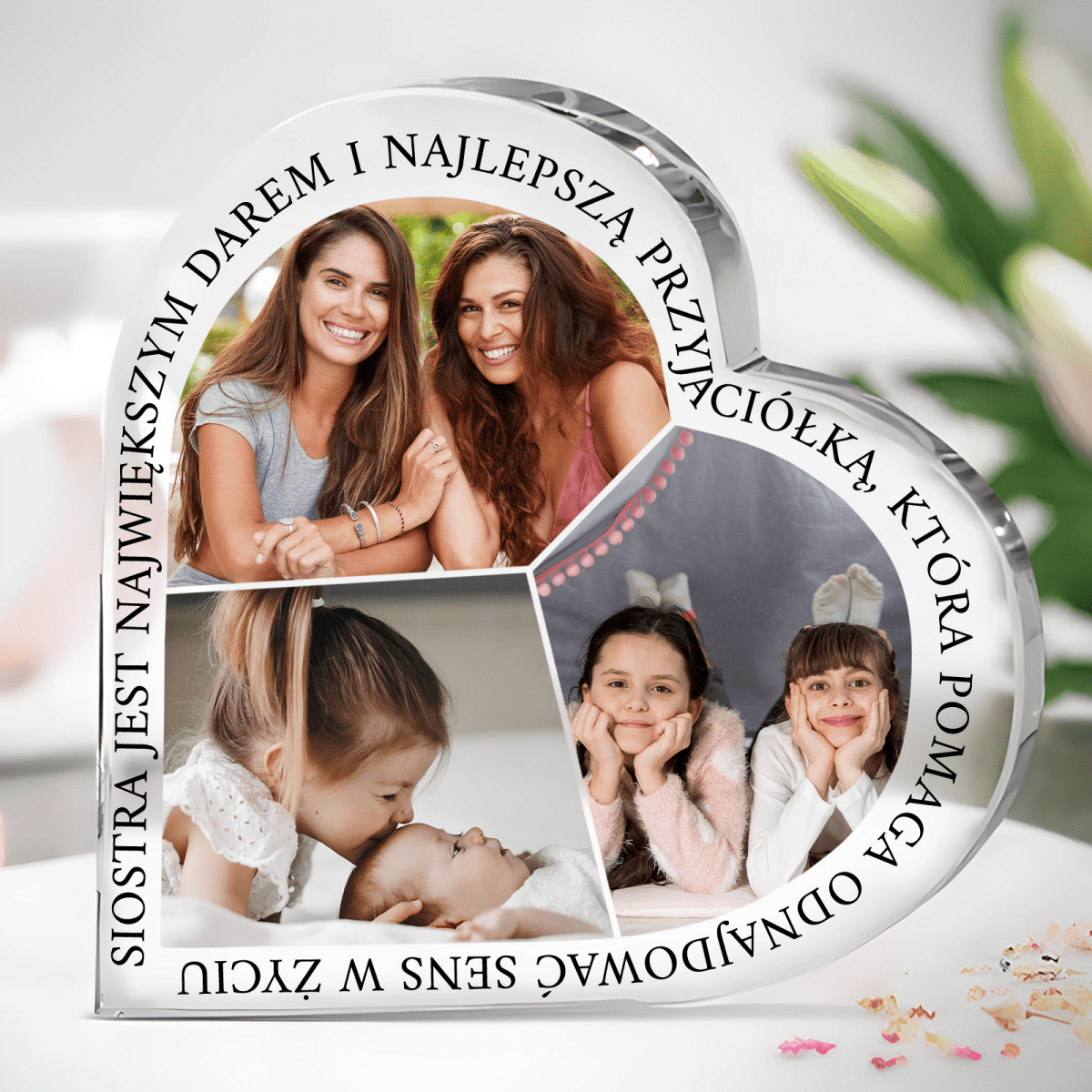 Kolaż zdjęć z siostrą - Szklane serce, spersonalizowany prezent dla siostry - idamell.com