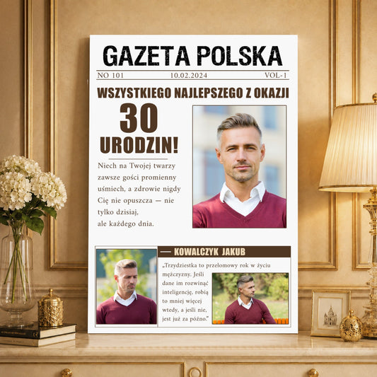 Kolaż ze zdjęć na płótnie Gazeta na trzydziestkę — prezent na urodziny - idamell.com