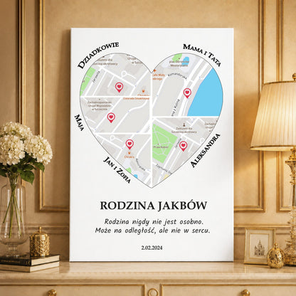 Kolaż ze zdjęć na płótnie Mapa rodziny — prezent na urodziny - idamell.com