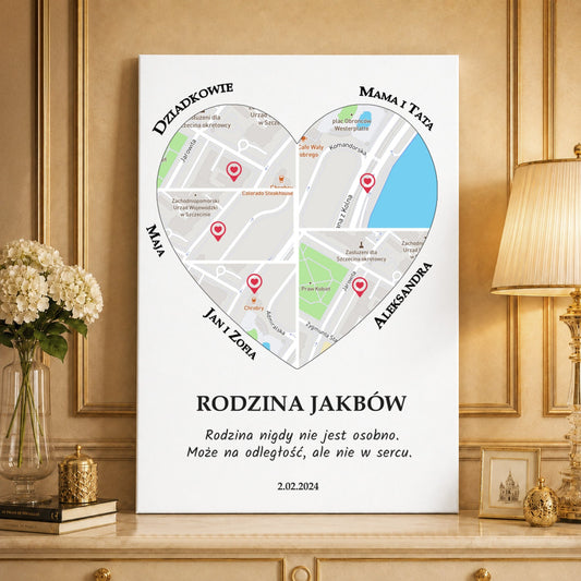 Kolaż ze zdjęć na płótnie Mapa rodziny — prezent na urodziny - idamell.com