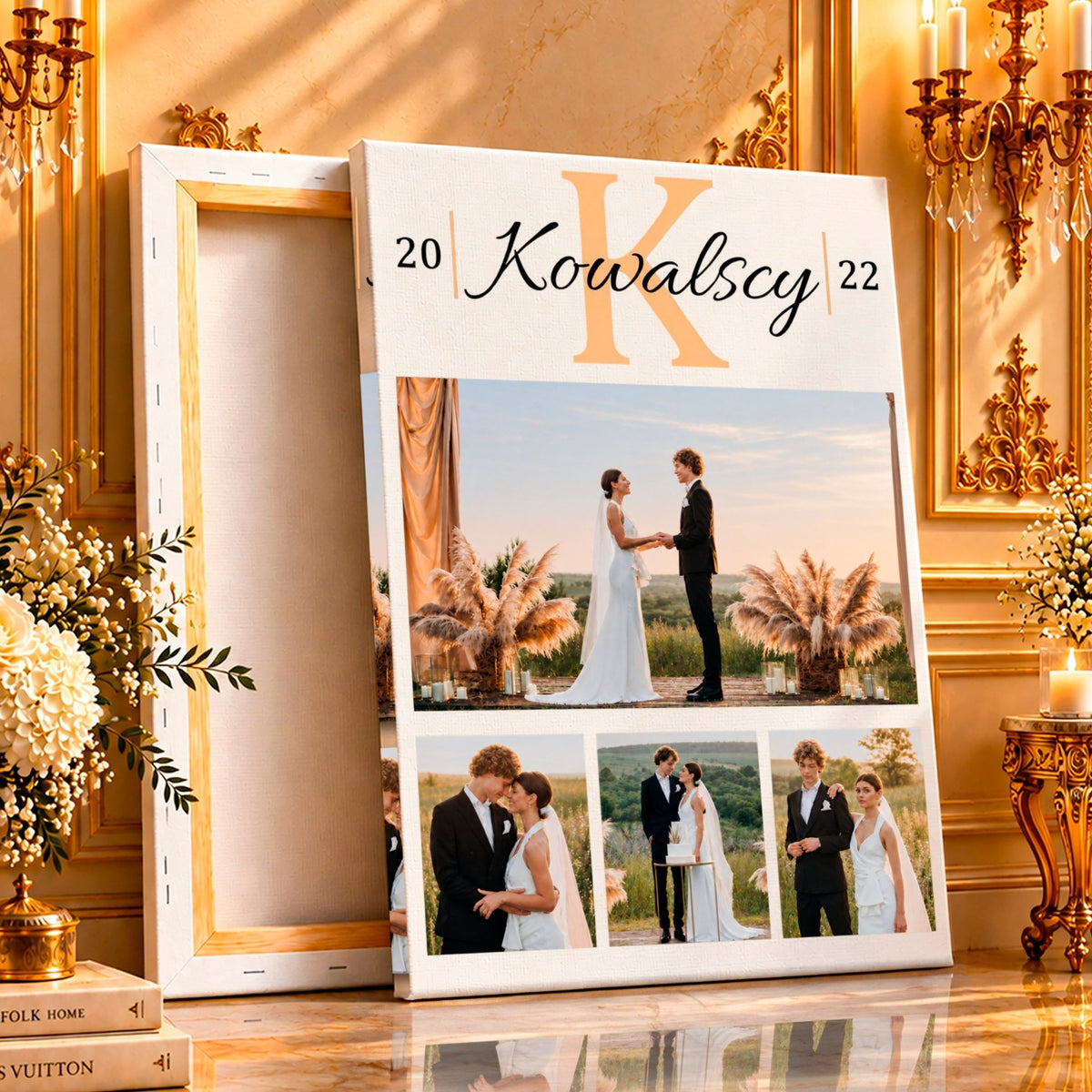 Kolaż ze zdjęć na płótnie Monogram nazwiska pary młodej — prezent na rocznicę - idamell.com