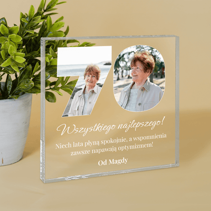 Kolaż + życzenia 70 lat - Druk na kwadratowym szkle, spersonalizowany prezent dla kobiety - idamell.com