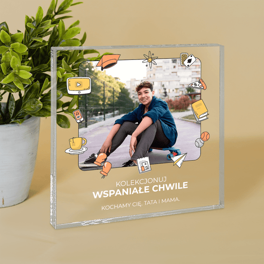 Kolekcjonuj wspaniałe chwile - Druk na kwadratowym szkle, spersonalizowany prezent dla syna - idamell.com