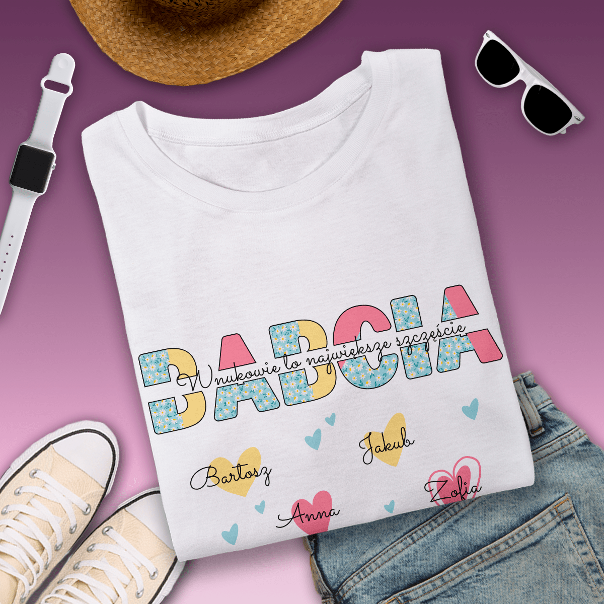 Koszulka damska z nadrukiem BABCIA I WNUKI - spersonalizowany prezent dla babci - idamell.com