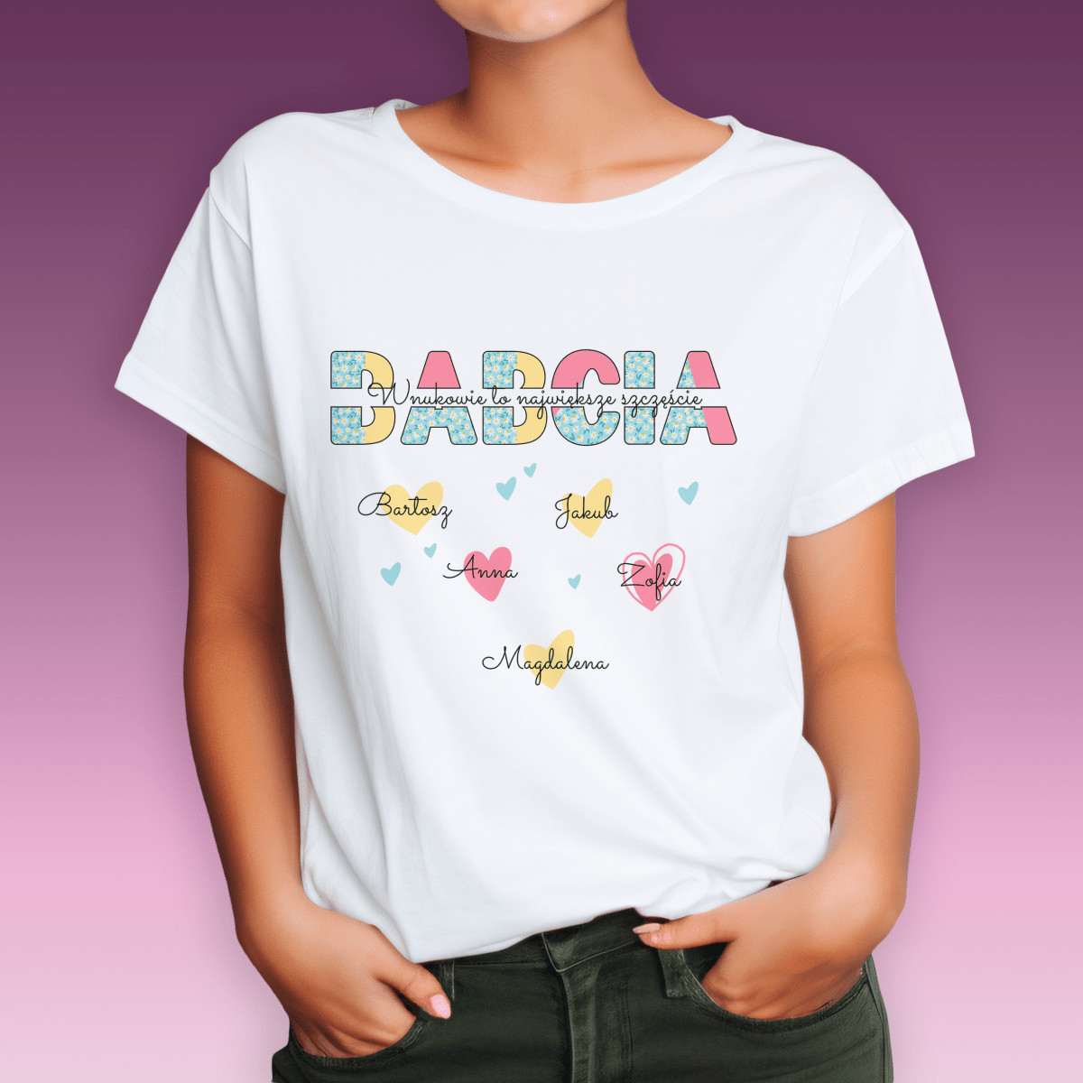 Koszulka damska z nadrukiem BABCIA I WNUKI - spersonalizowany prezent dla babci - idamell.com