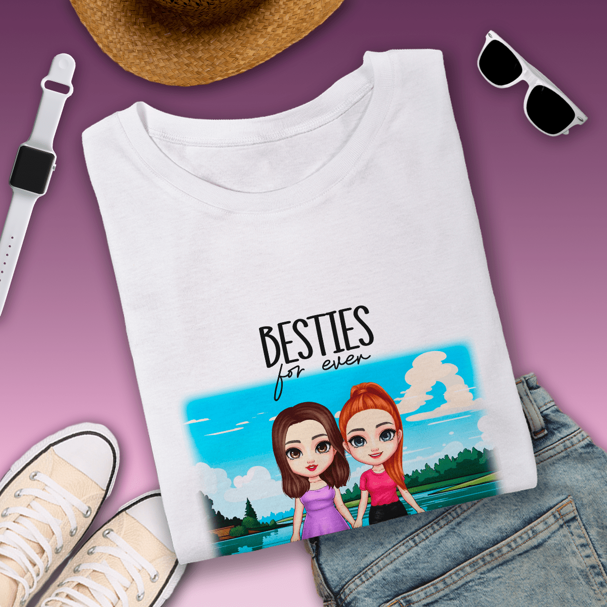 Koszulka damska z nadrukiem BESTIES FOR EVER - spersonalizowany prezent dla siostry - idamell.com
