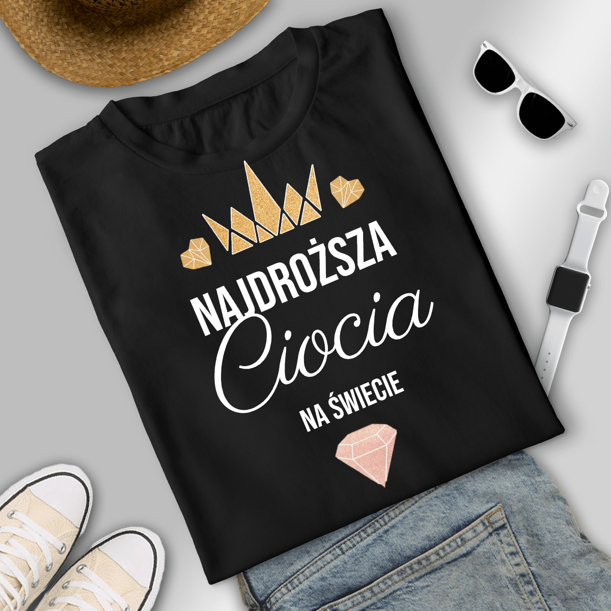 Koszulka damska z nadrukiem CIOCIA TO SKARB - spersonalizowany prezent dla cioci - idamell.com