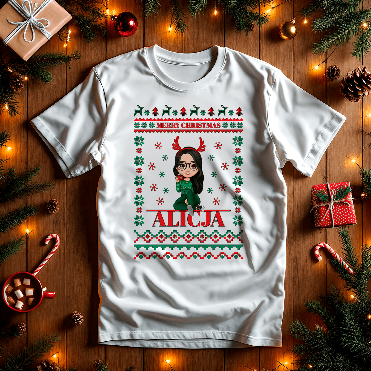 Koszulka damska z nadrukiem CLIPART+ NAPIS MERRY CHRISTMAS - spersonalizowany prezent dla niej - idamell.com