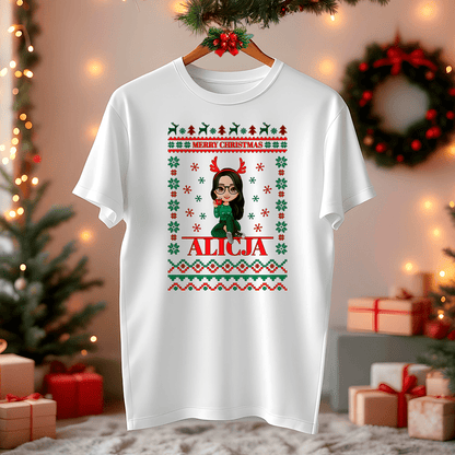 Koszulka damska z nadrukiem CLIPART+ NAPIS MERRY CHRISTMAS - spersonalizowany prezent dla niej - idamell.com