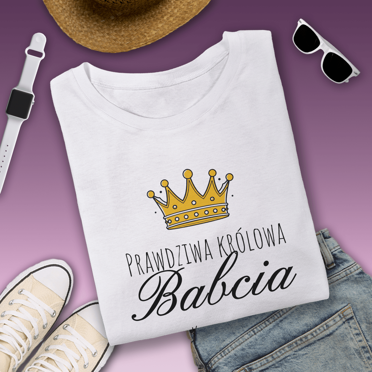 Koszulka damska z nadrukiem KRÓLOWA BABCIA - spersonalizowany prezent dla babci - idamell.com