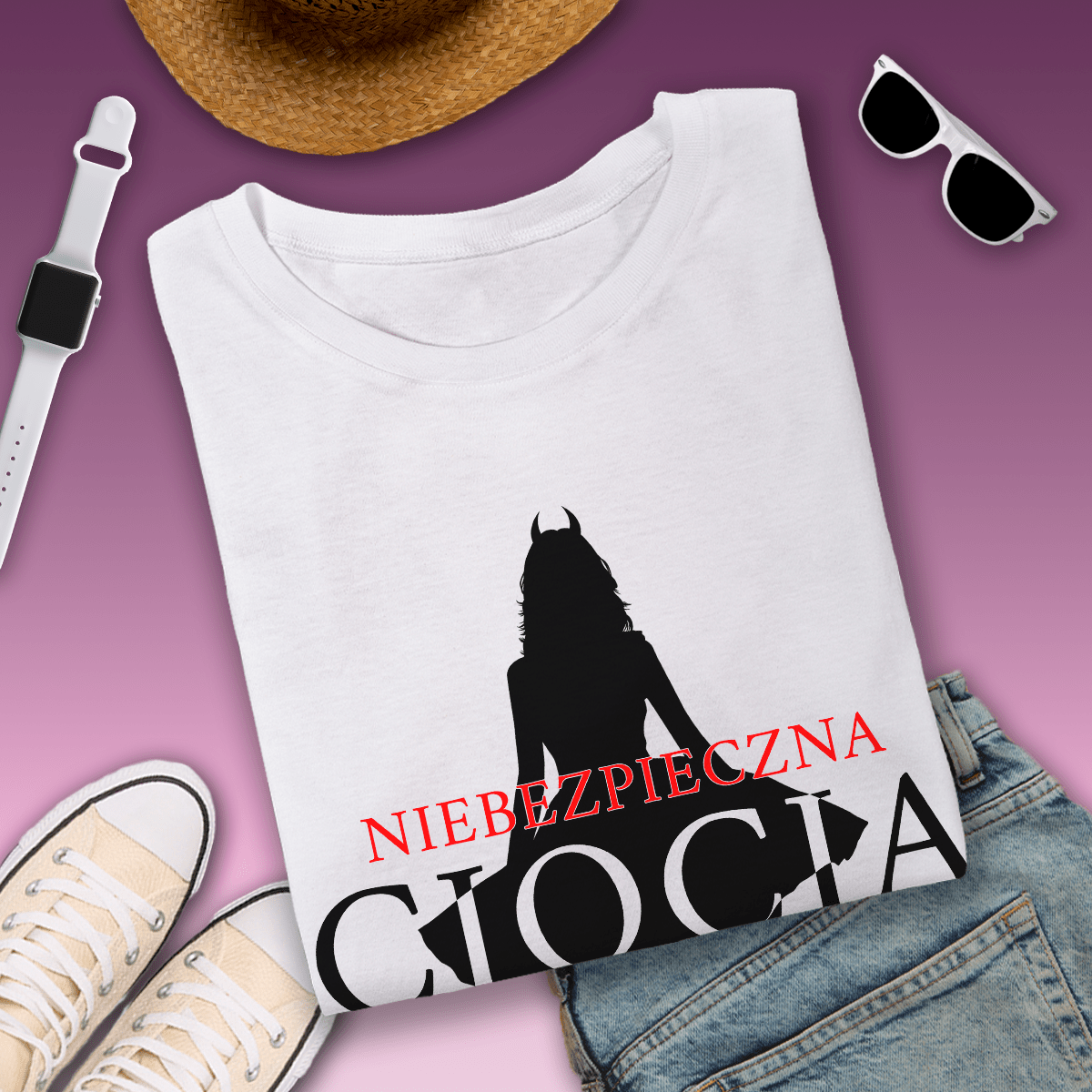 Koszulka damska z nadrukiem NIEBEZPIECZNA CIOCIA - spersonalizowany prezent dla cioci - idamell.com