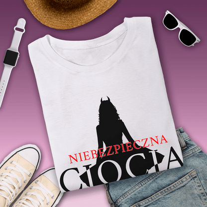 Koszulka damska z nadrukiem NIEBEZPIECZNA CIOCIA - spersonalizowany prezent dla cioci - idamell.com