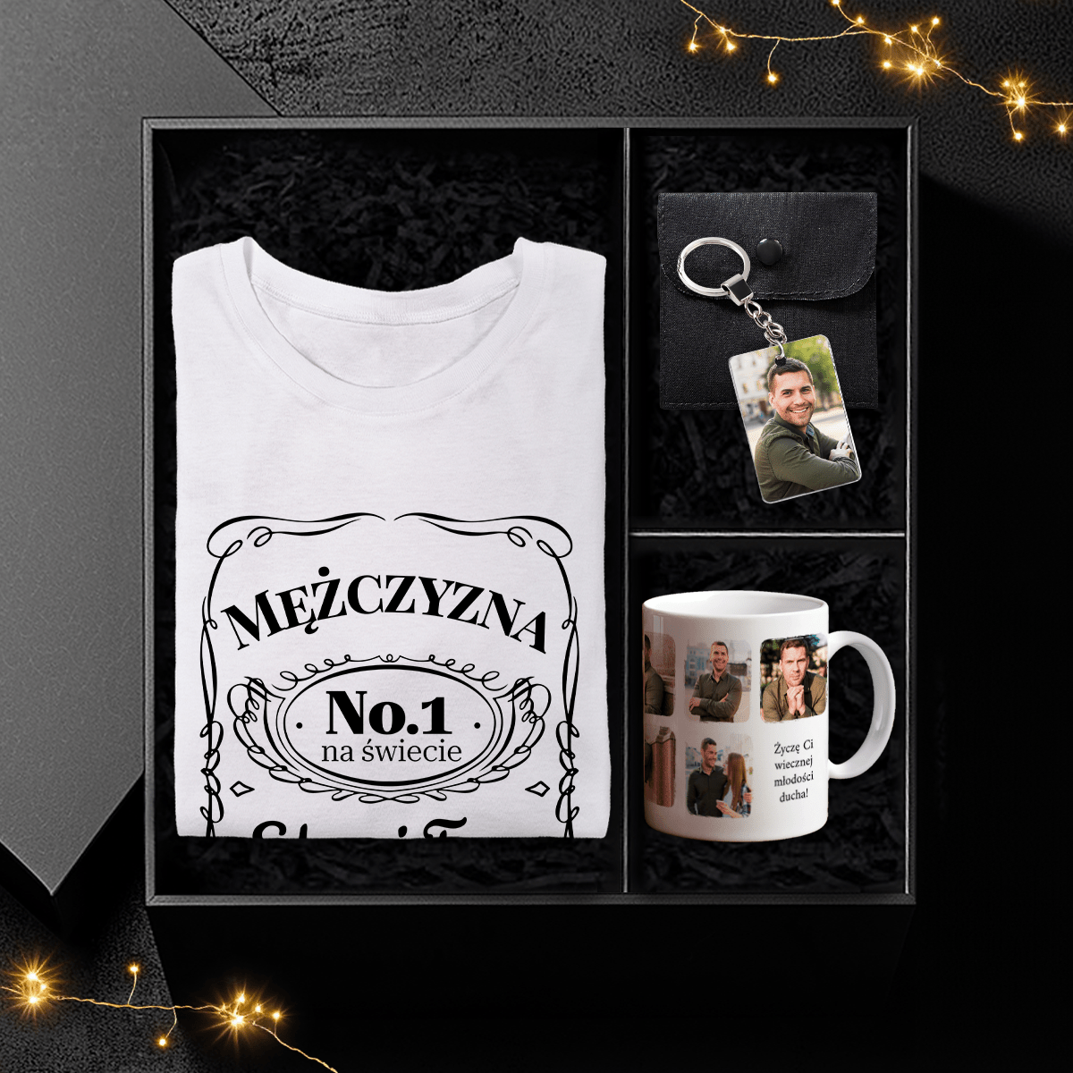 Koszulka + kubek + brelok MĘŻCZYZNA NR. 1 - Box prezentowy, spersonalizowany prezent dla niego - idamell.com