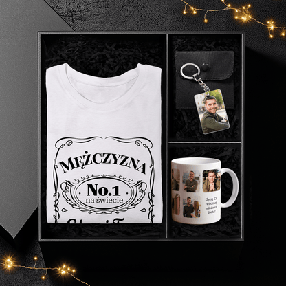 Koszulka + kubek + brelok MĘŻCZYZNA NR. 1 - Box prezentowy, spersonalizowany prezent dla niego - idamell.com