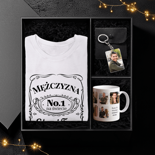 Koszulka + kubek + brelok MĘŻCZYZNA NR. 1 - Box prezentowy, spersonalizowany prezent dla niego - idamell.com