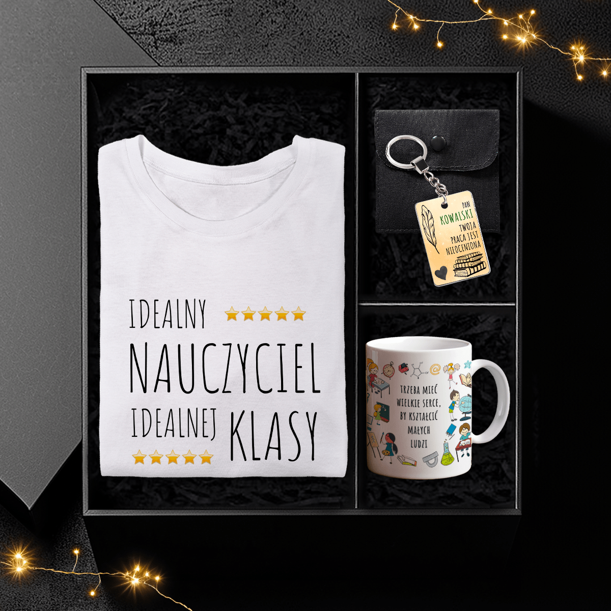 Koszulka + kubek + brelok NAUCZYCIEL - Box prezentowy, spersonalizowany prezent dla nauczyciela - idamell.com