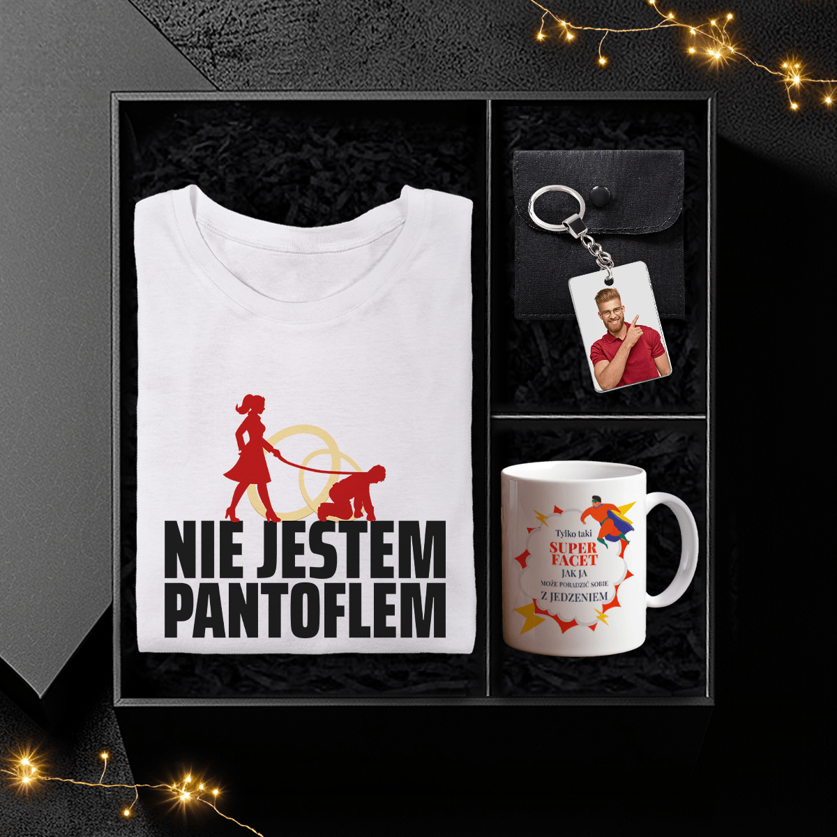 Koszulka + kubek + brelok NIE JESTEM PANTOFLEM - Box prezentowy, spersonalizowany prezent dla mężczyzny - idamell.com