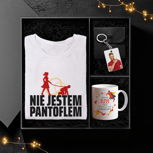 Koszulka + kubek + brelok NIE JESTEM PANTOFLEM - Box prezentowy, spersonalizowany prezent dla mężczyzny - idamell.com