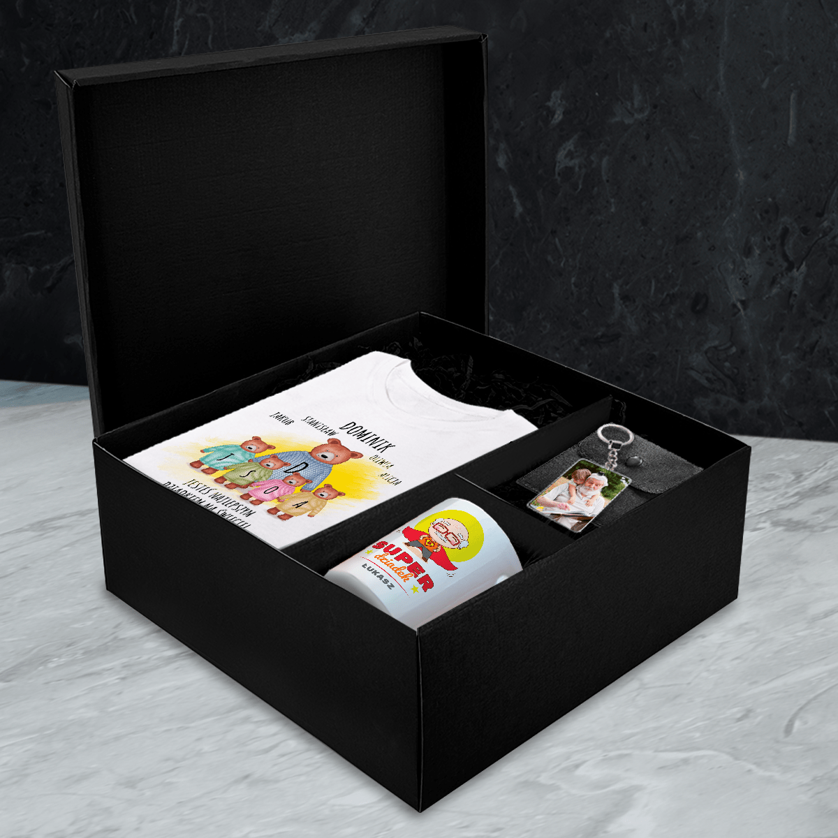 Koszulka + kubek + brelok SUPER DZIADEK - Box prezentowy, spersonalizowany prezent dla dziadka - idamell.com