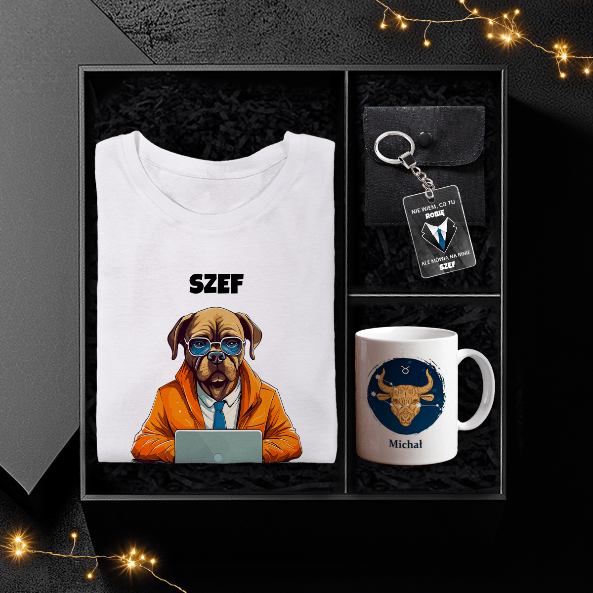 Koszulka + kubek + brelok SZEF - Box prezentowy, spersonalizowany prezent dla szefa - idamell.com
