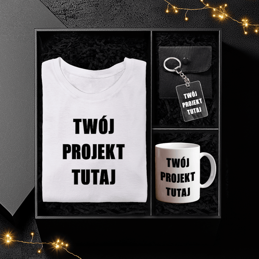 Koszulka + kubek + brelok TWÓJ PROJEKT - Box prezentowy, spersonalizowany prezent dla niego - idamell.com