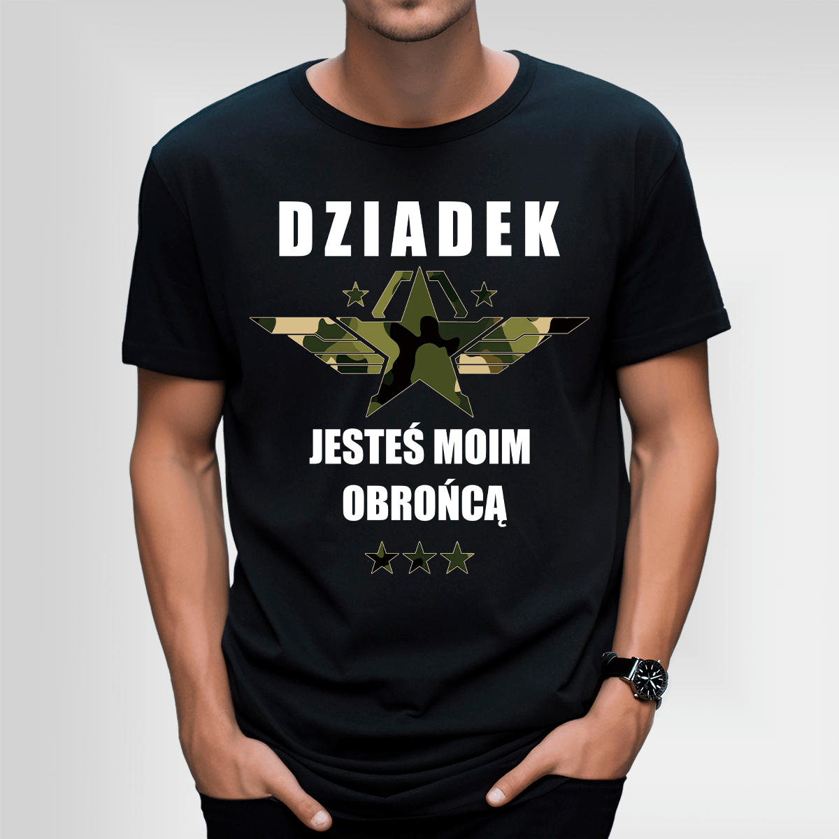 Koszulka męska z nadrukiem DZIADEK OBROŃCA - spersonalizowany prezent dla dziadka - idamell.com