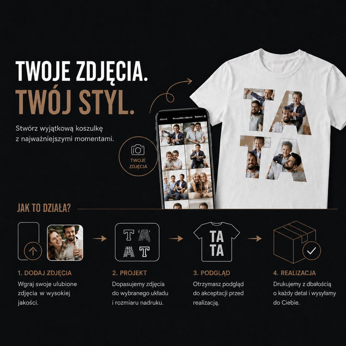 Koszulka męska z nadrukiem fotonapis TATA - spersonalizowany prezent dla taty - idamell.com