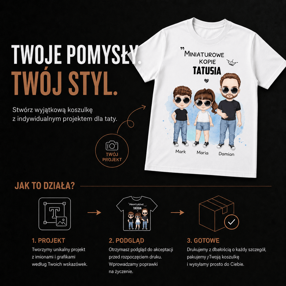 Koszulka męska z nadrukiem KOPIE TATUSIA - spersonalizowany prezent dla taty - idamell.com