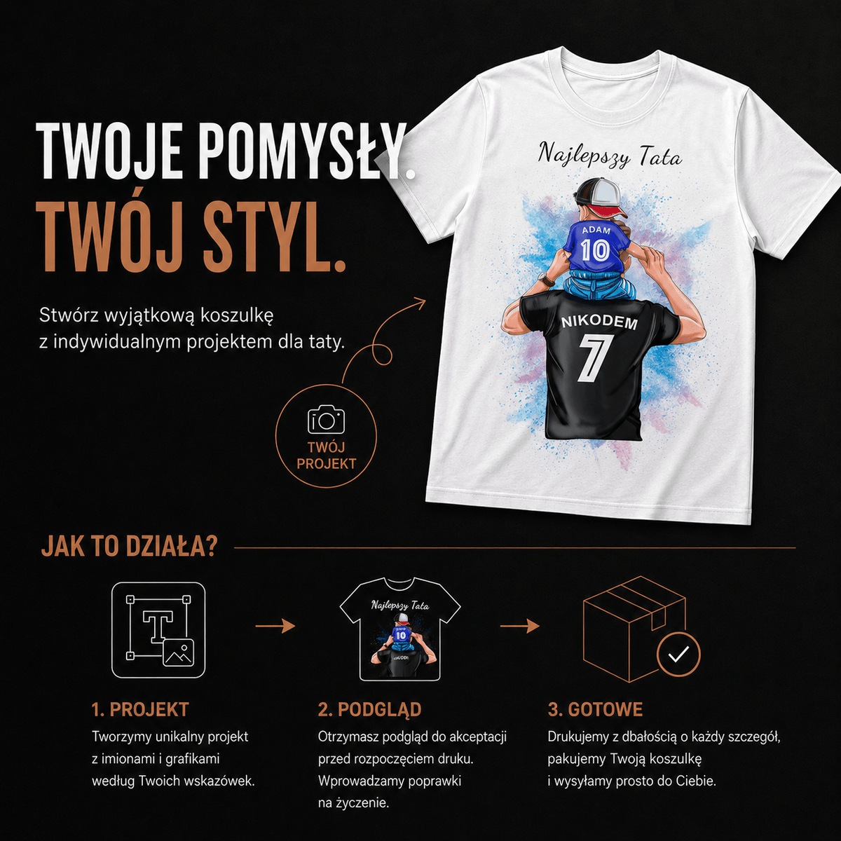 Koszulka męska z nadrukiem NAJLEPSZY TATA - spersonalizowany prezent dla taty - idamell.com